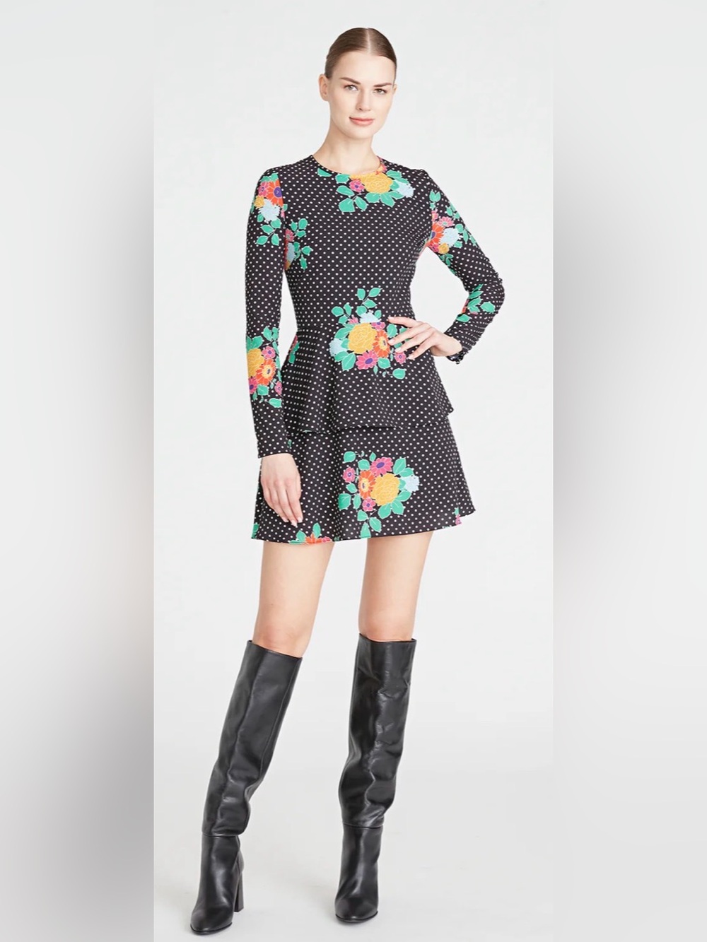 AMUR Delilah Black and White Floral Polka-Dot Long-Sleeve Tiered Dress Size 10